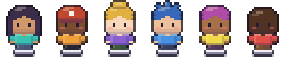 Six pixel-art avatars with different skin tones, hairstyles and outfits
