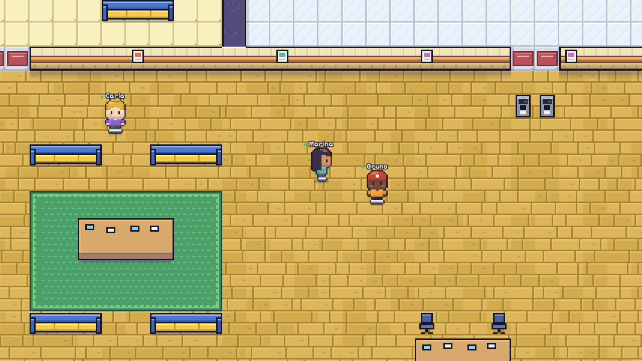 In-game screenshot of the social area: three avatars near couches, a rug and a table