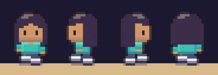 A pixel-art avatar walking down, left, right and up